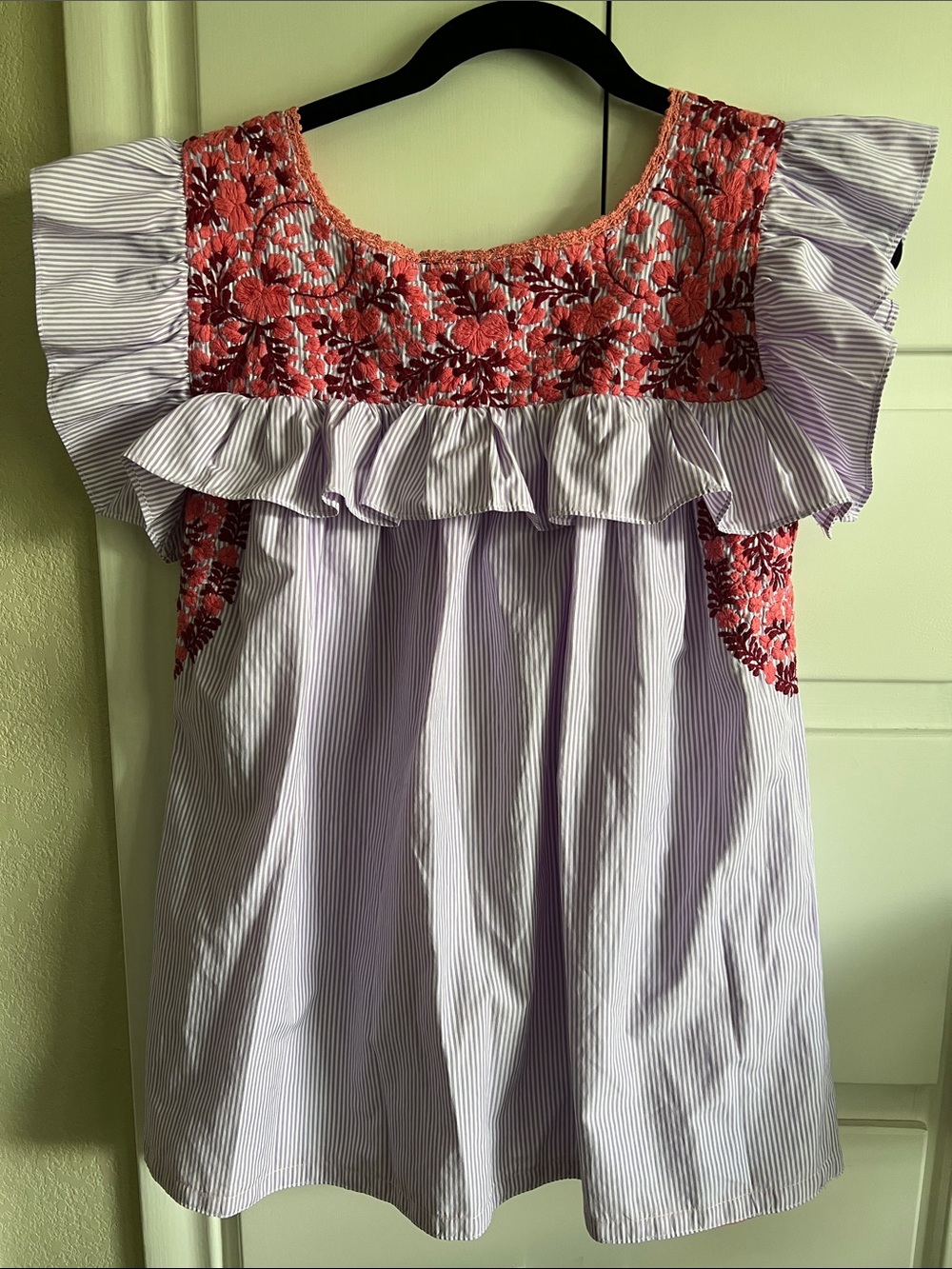 Mi Golondrina Lavender-Striped Dress with Coral Embroidery - Picture 2 of 5